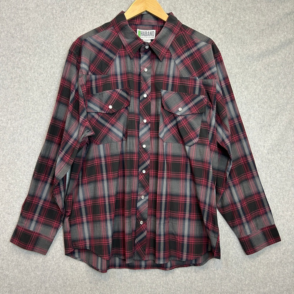 Haband Western Shirt Red Gray Black Dark Plaid Pearl Snap Long Sleeve Mens XL